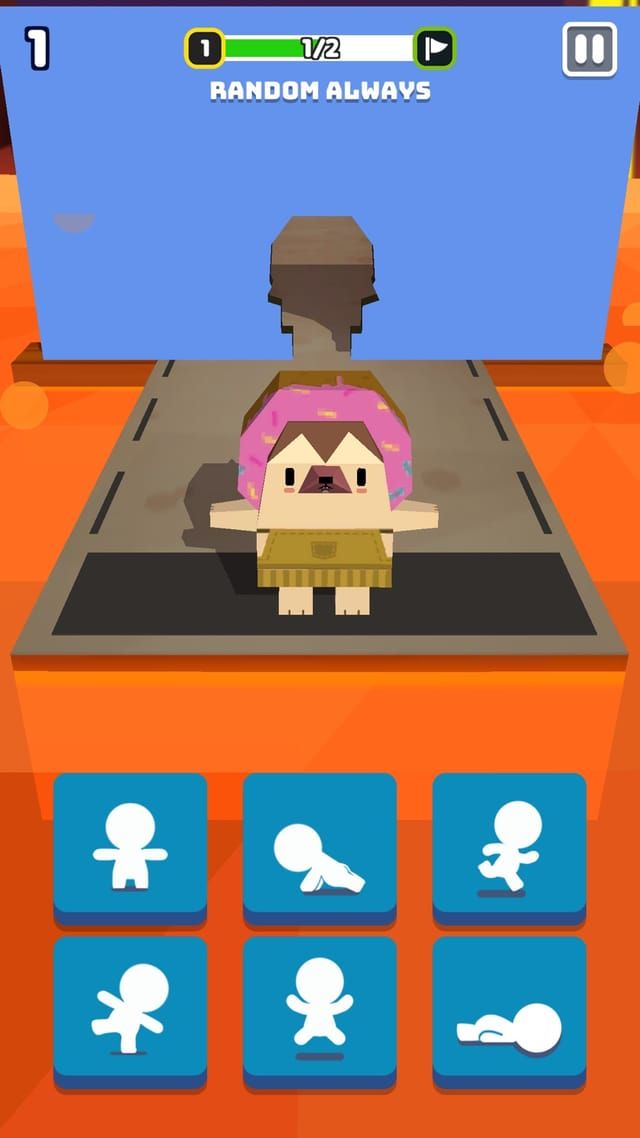 A wall with a human-shaped hole slides toward the character on the platform while six pose buttons wait at the bottom of the screen.
