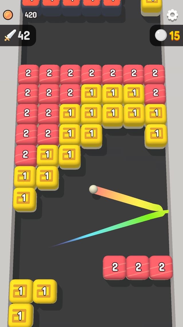 An early board where the aim line stretches from the ball toward a wall of numbered blocks, with the ball count shown at the top.