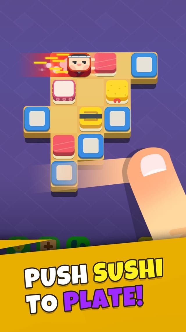 A finger pushes a row of sushi across the board so that the pieces land on the empty plates waiting in the grid.