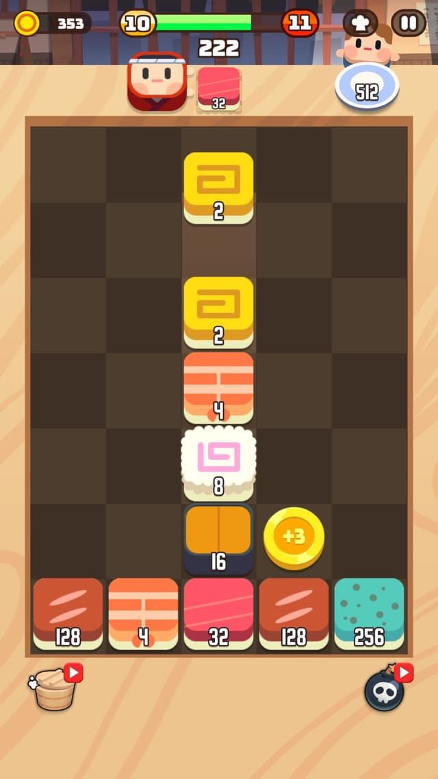 An early board where a column of sushi tiles has merged from 2 up to 16, with a coin bonus popping beside it.