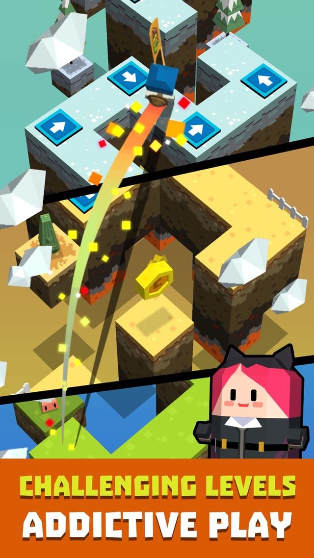 Floating isometric islands with blue arrow tiles, a rainbow trail marking the leap the cube character has just made.