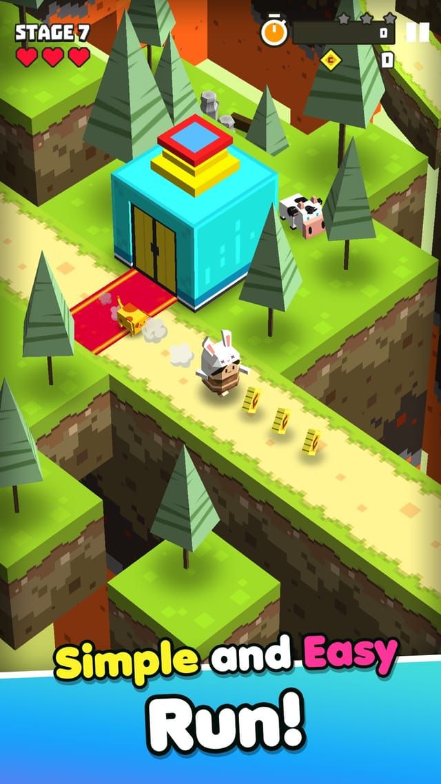 Cubie runs along a path through a green forest stage seen in isometric view, gold bars lying beside a cyan cube house.