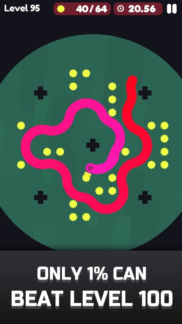 Level 95 in a round green arena where a thick pink snake has coiled back on itself between cross-shaped blocks, 40 of 64 dots collected.