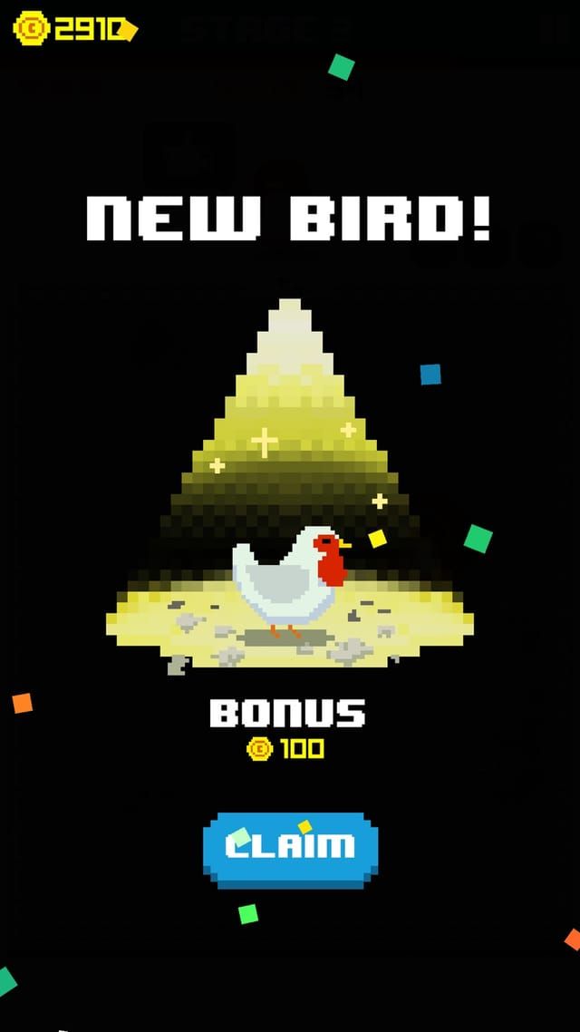 หน้าจอรางวัล NEW BIRD! ไก่สีขาวสไตล์พิกเซลยืนอยู่ใต้แสงไฟ พร้อมโบนัส 100 เหรียญ