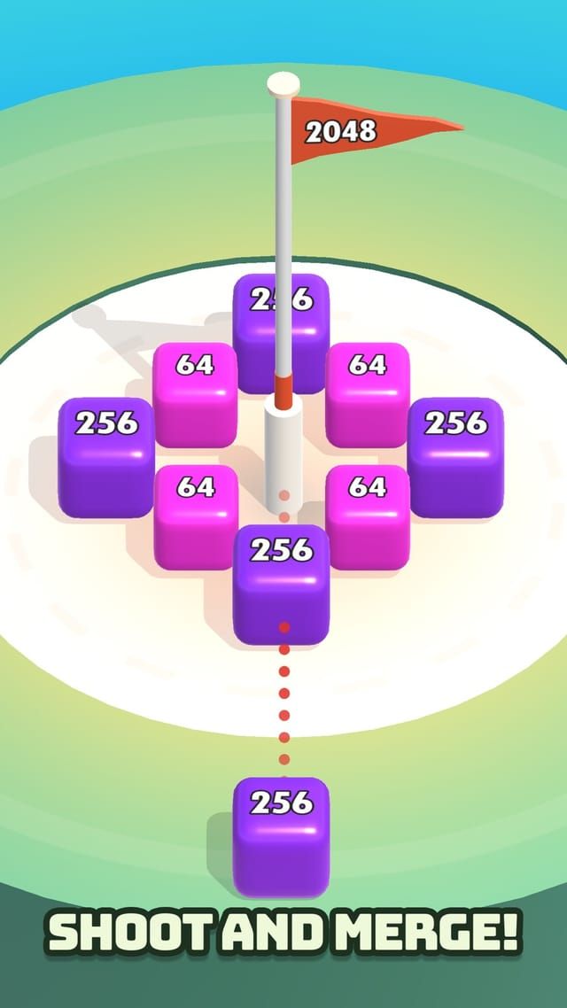Purple and pink blocks numbered 256 and 64 cluster around the pole while a 256 block waits at the launcher below, the target flag reading 2048.