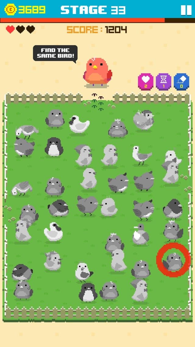 หน้าจอเล่นด่าน 33 นกที่ต้องหาแสดงอยู่ด้านบน ส่วนทุ่งหญ้าเขียวด้านล่างเต็มไปด้วยนกสีเทาที่หน้าตาคล้ายกันมาก และมีตัวหนึ่งถูกวงกลมสีแดงไว้