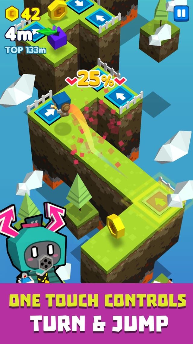 A run in progress with the height counter at 4m against a best of 133m, the character bouncing between arrow tiles.