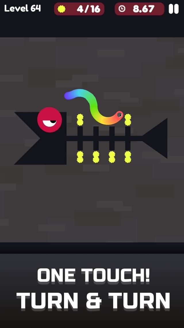 Level 64 on a stage drawn as a fish skeleton, a rainbow-coloured snake threading between the bones toward the remaining dots.