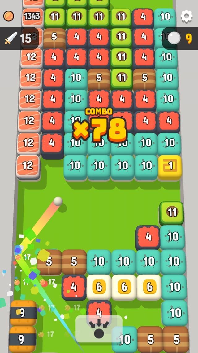 A green board mid-run, the shot bouncing through the blocks while a combo counter climbs past seventy.
