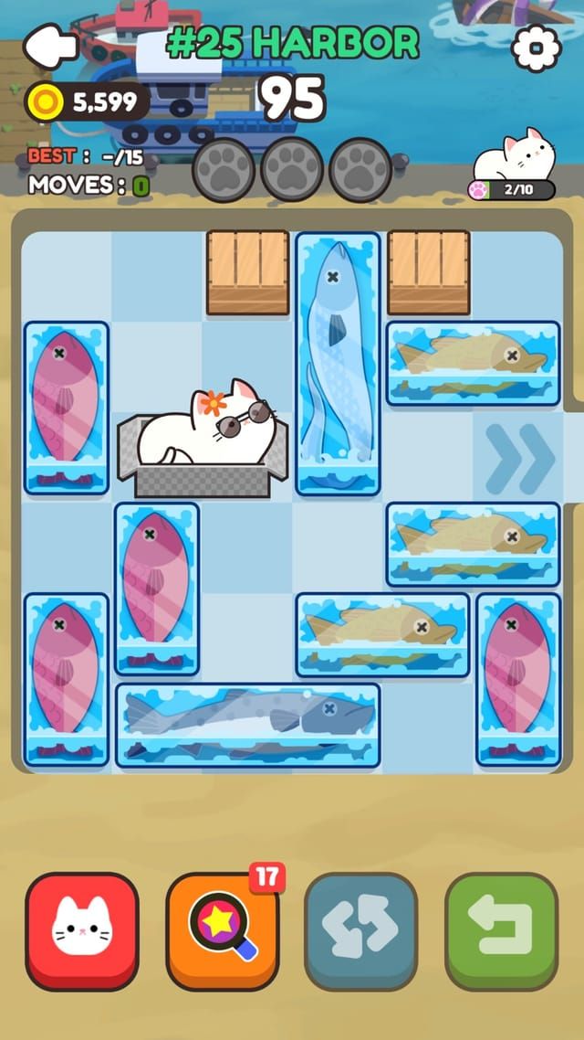 A harbour stage on ice, with fish-shaped blue blocks and pink blocks boxing in a cat wearing sunglasses.