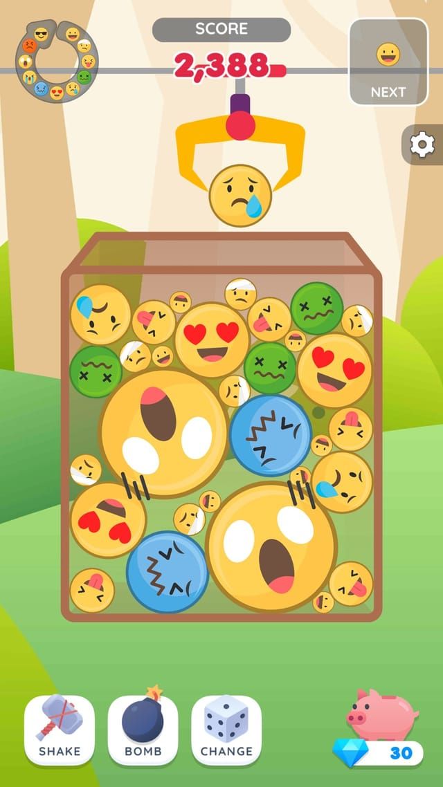 The emoji theme, where the same merging turns small faces into the large ones packing the bottom of the jar.
