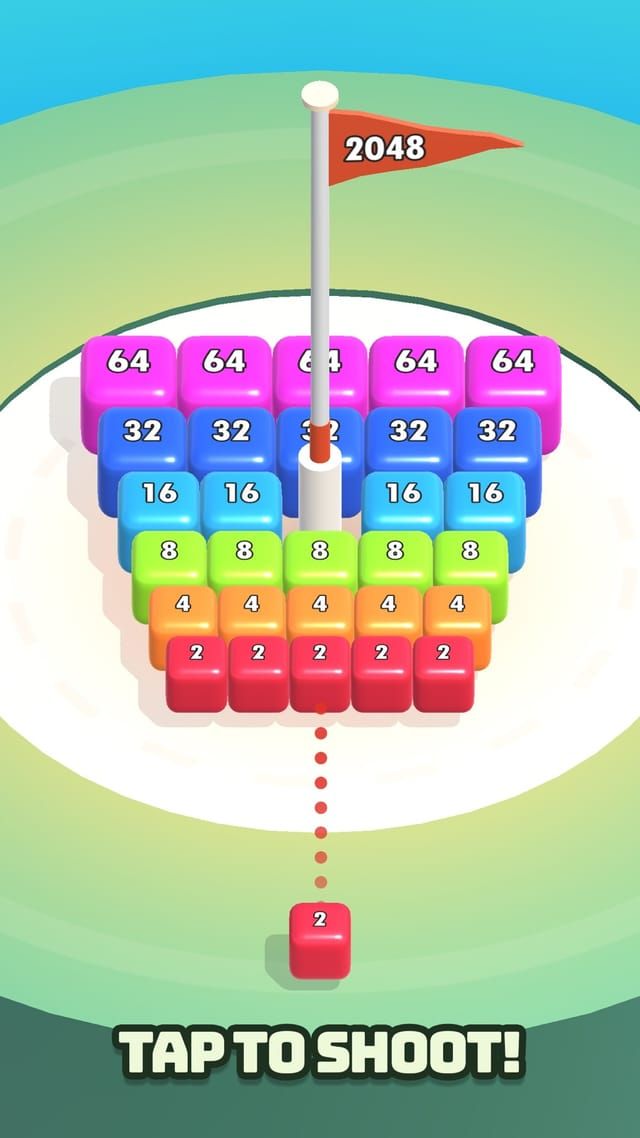 The board sorted into neat rows from 2 up to 64 by colour, with a red 2 block lined up to be shot into them.
