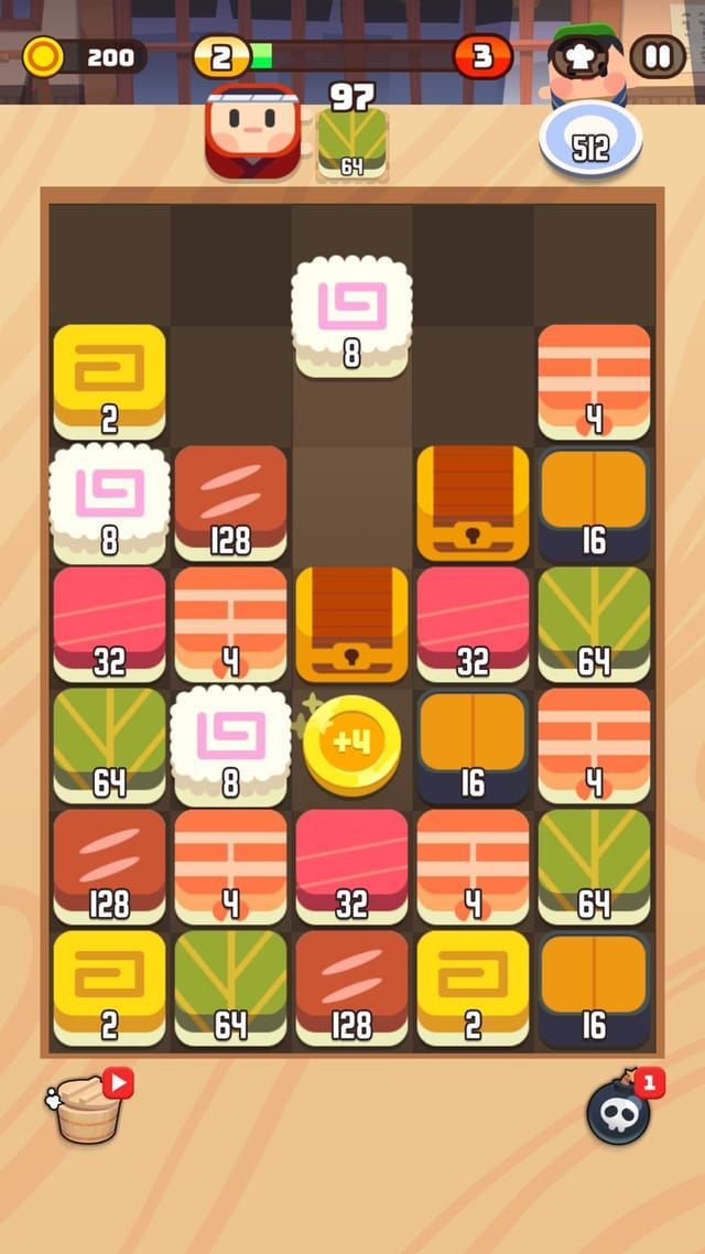 A busier board where several columns are part-merged and a chest tile sits among the sushi, a coin bonus rising from the last merge.