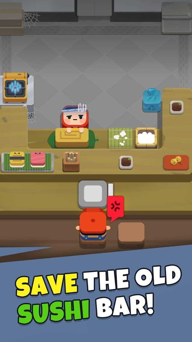 The run-down sushi bar at the start, a single chef behind a bare counter with one customer sitting in front of him.