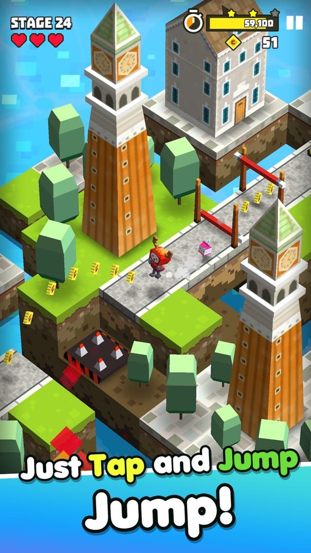 A city stage with a clock tower and a tall campanile, where the character runs across stone bridges picking up coins.