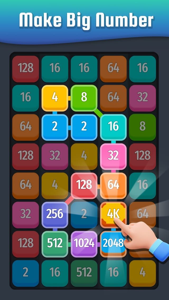 Karartılmış tahtada yalnızca yüksek karolar parlıyor; parmak, 2048, 1024 ve 512'nin yanındaki 4K karosunun üzerinde.