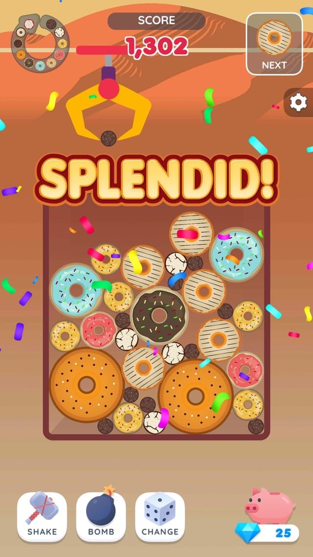 The doughnut theme with a Splendid banner after a merge, the jar holding everything from small rings to a full bagel.