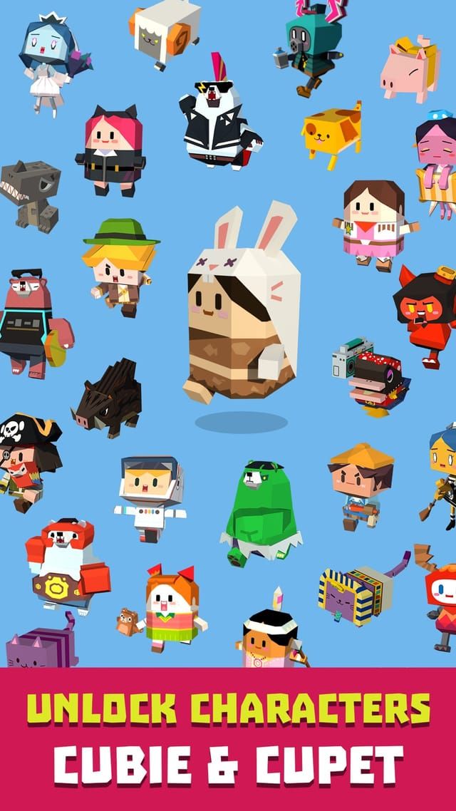 Dozens of unlockable Cubie and Cupet characters lined up together — a pirate, a bride, a wolf, a rabbit hood and more.