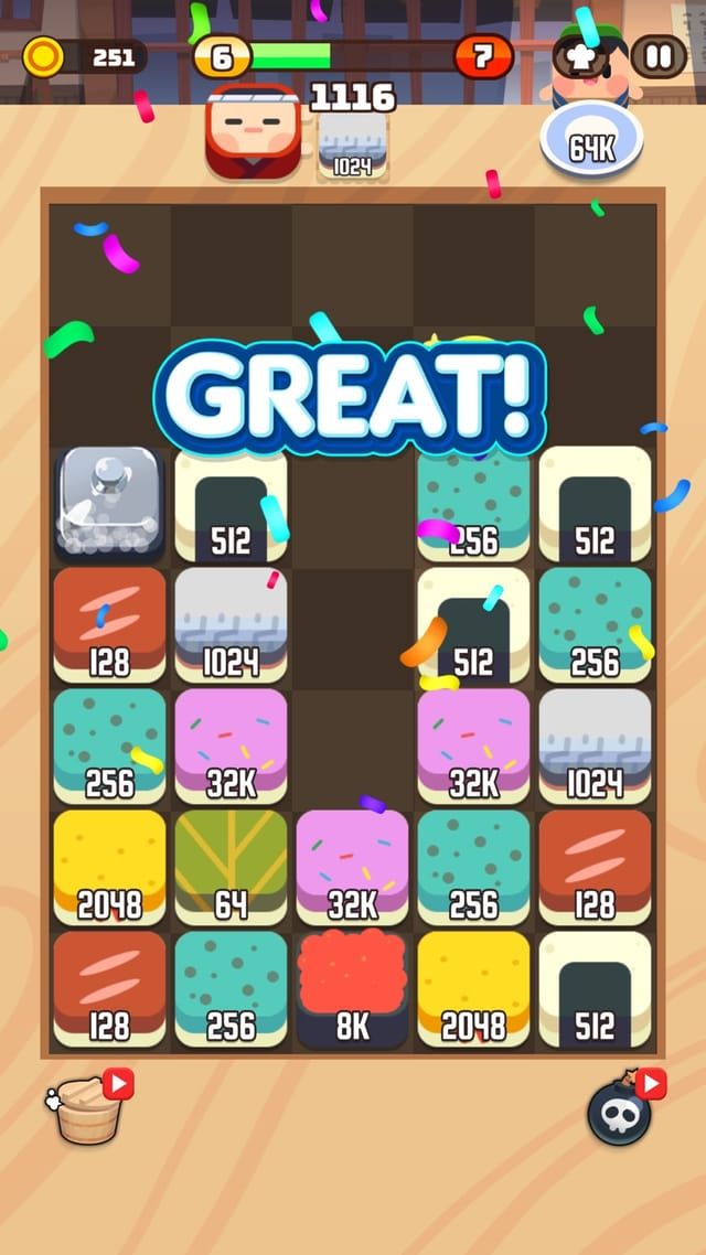 A Great banner with confetti over a board that has reached 8K and 32K tiles, the order at the top asking for 64K.