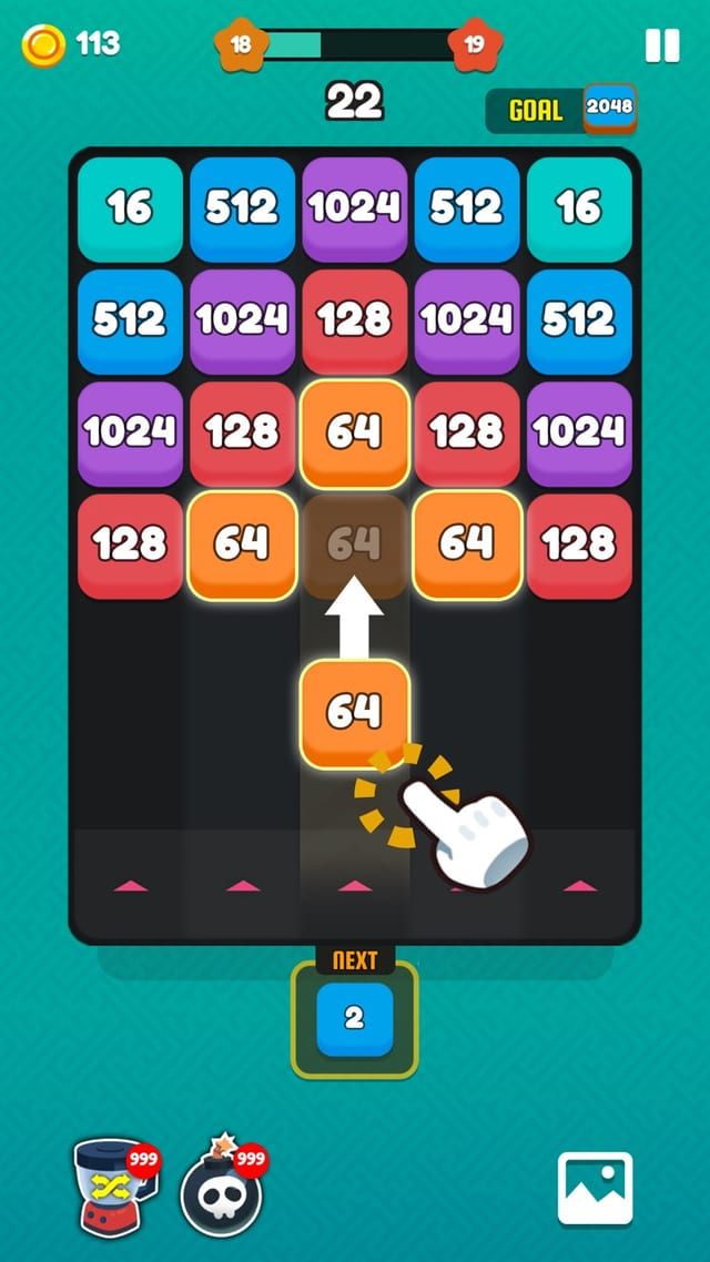 A teal board of 512 and 1024 blocks with an orange 64 rising toward the 64 in the middle of the wall.