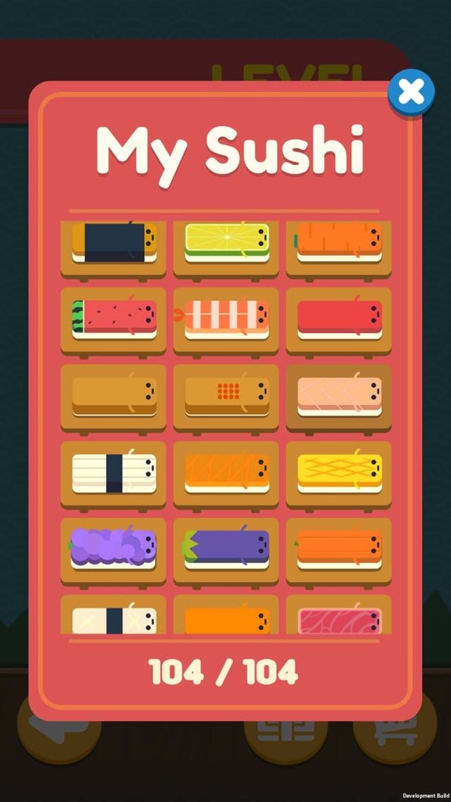 หน้าสะสม My Sushi ที่รวมลวดลายบล็อกซูชิทั้งหมดในเกม ครบแล้ว 104 จาก 104