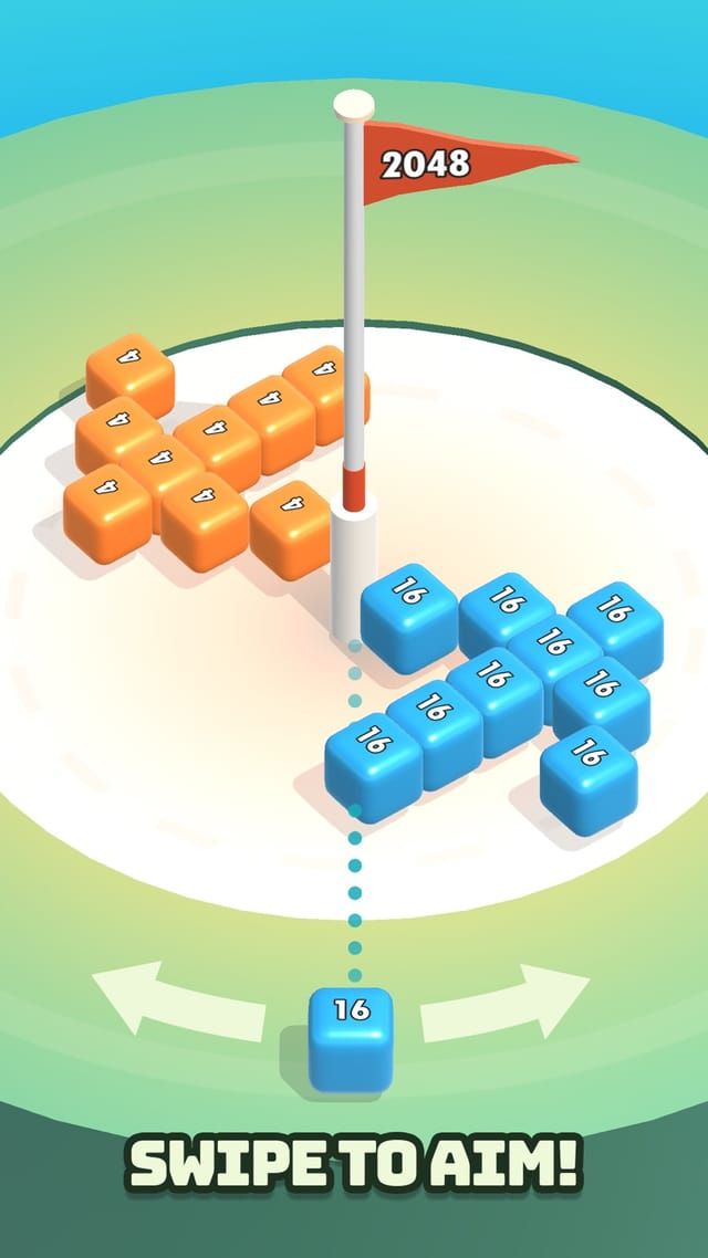 Orange and blue blocks of the same value spread across the field while arrows show the block at the bottom being aimed left or right.