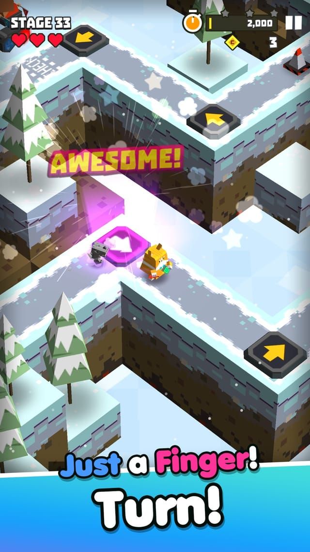 A snowy zigzag path lined with arrow tiles for turning, an AWESOME! banner popping up as the character clears a corner.