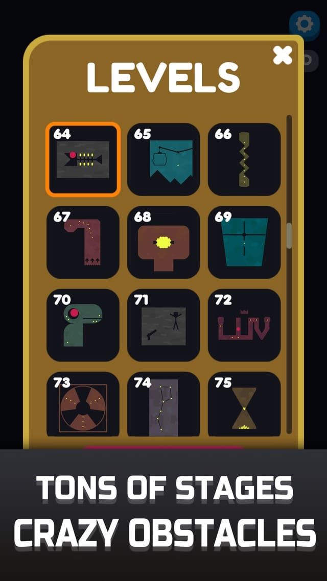 The level select panel, a grid of stage thumbnails from 64 onward, each showing the shape of its arena.
