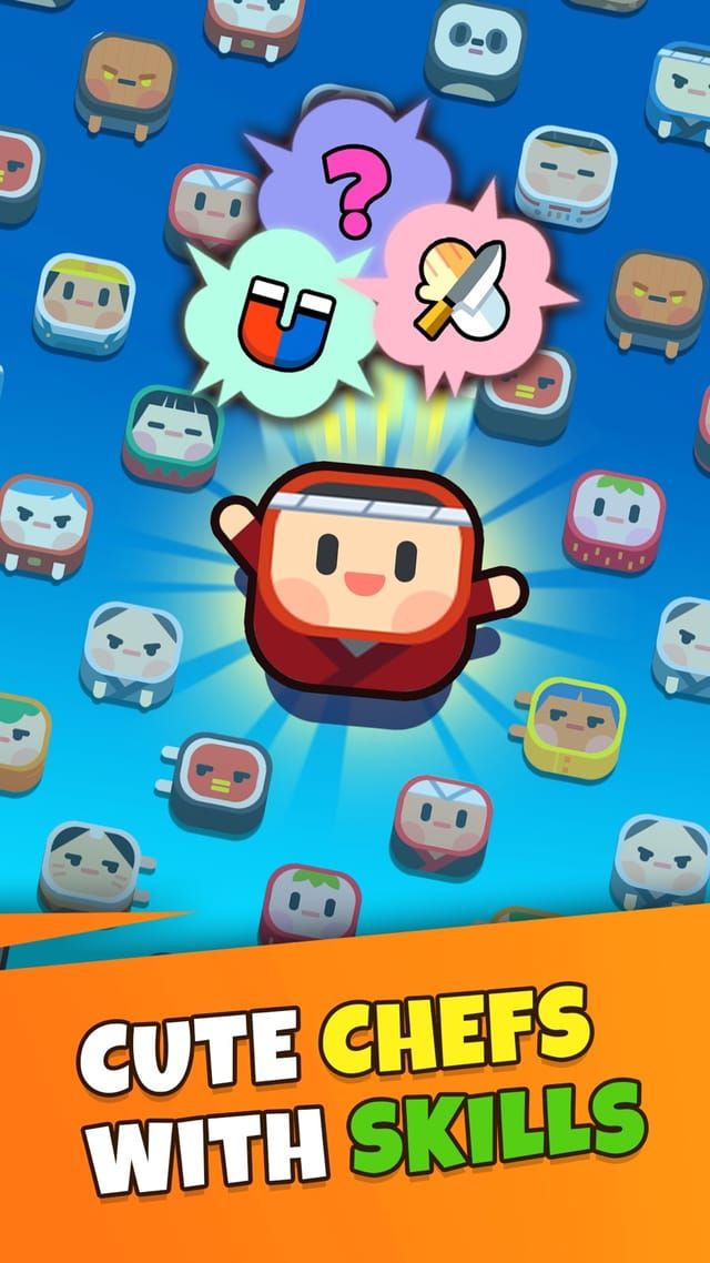A chef character with the skill icons that can be triggered during a shift, surrounded by the sushi pieces served in the game.