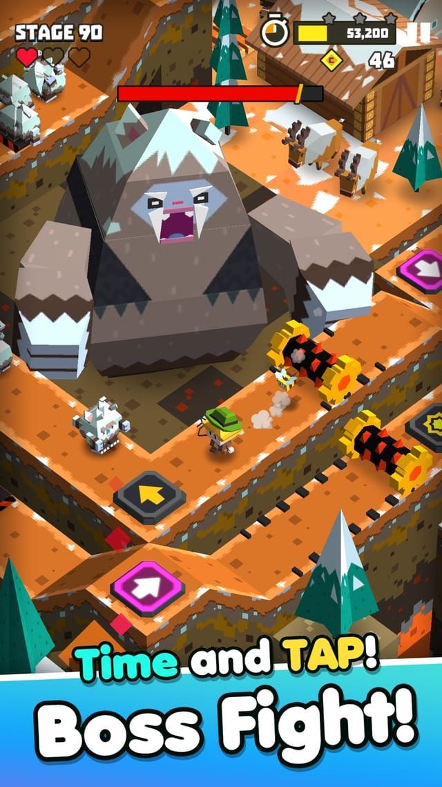 A boss fight on a volcanic stage: a huge grey beast with a red health bar hurls barrels down at the character.