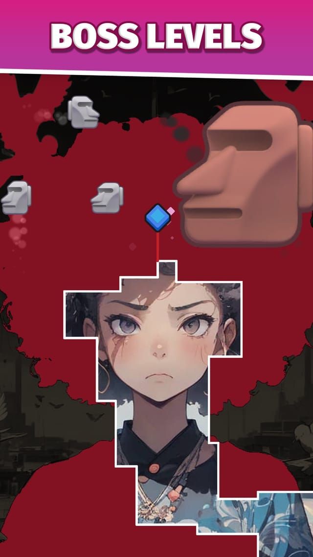 A boss level where a large stone head looms over the red cover and smaller enemies drift across the claimed ground.