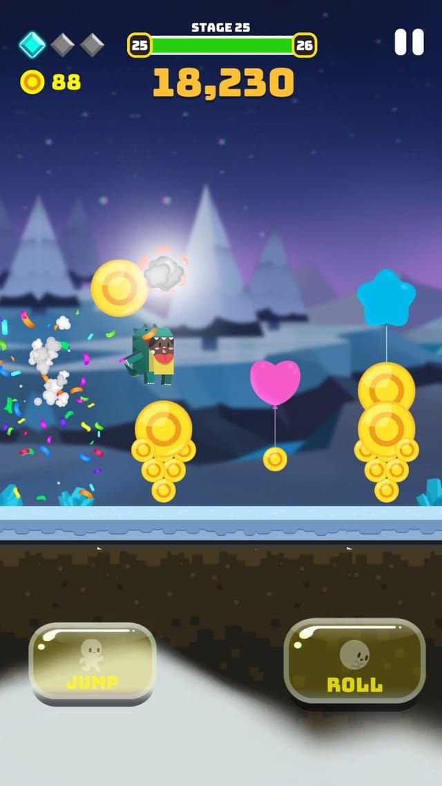 El nivel 25 en una noche nevada: el confeti estalla alrededor del personaje y delante flotan pilas de monedas y un globo con forma de corazón.