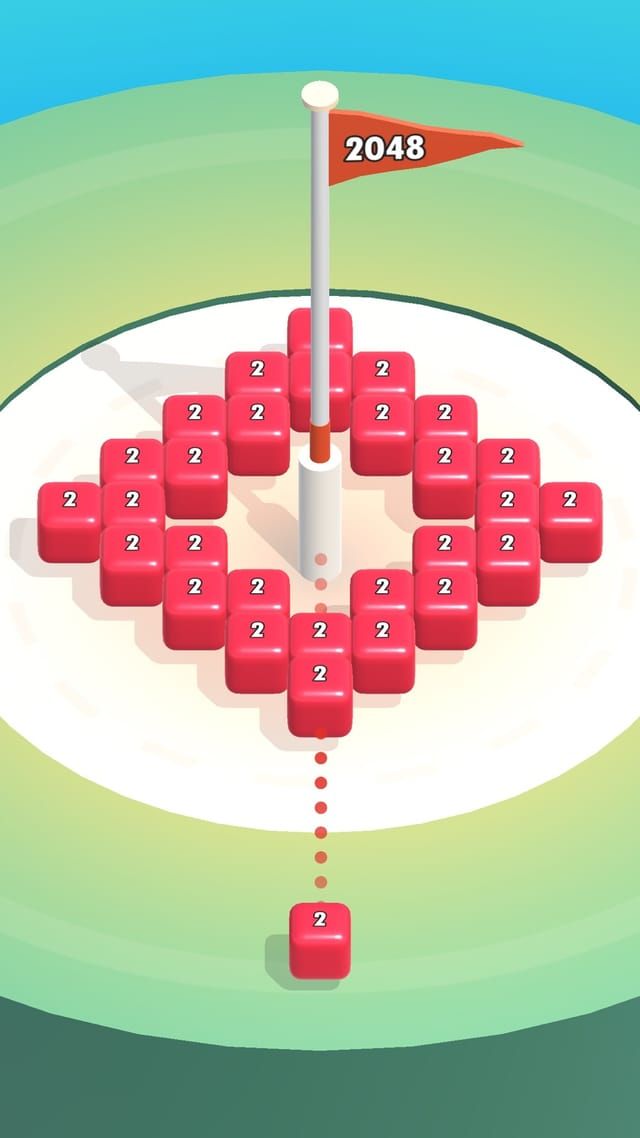 A ring of red 2 blocks laid out around the pole, the next block waiting below and the flag still marking 2048.
