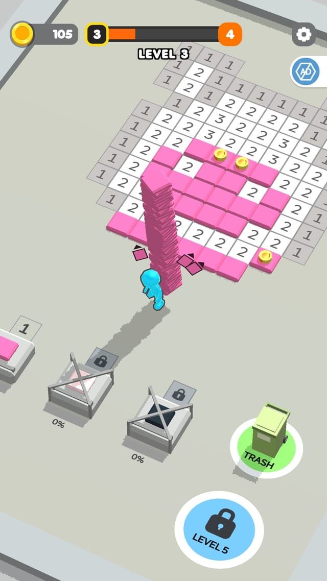 An early level with most of the grid still grey and numbered, a small pink area started at the centre.