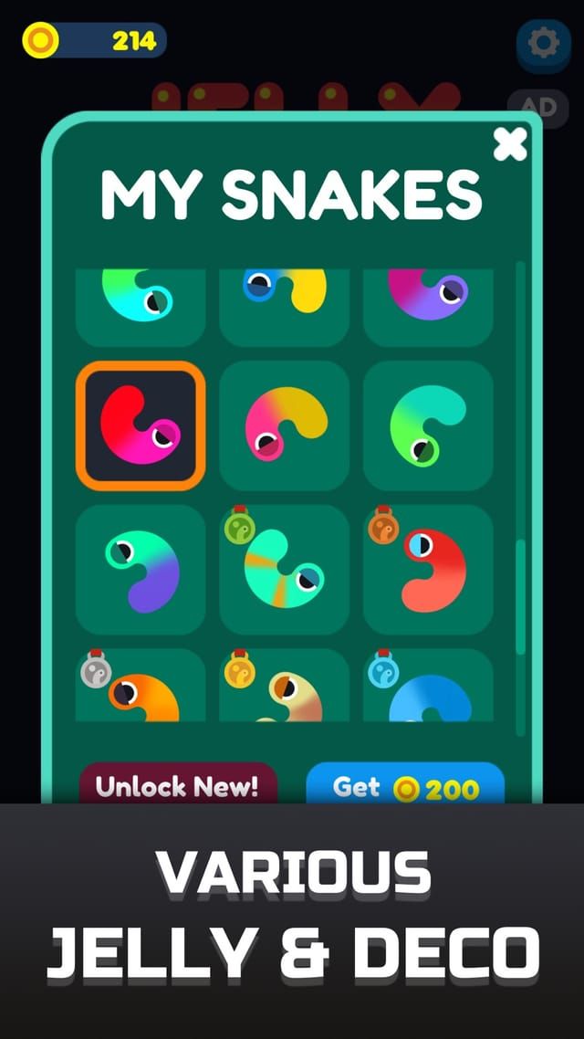 The My Snakes screen, a grid of collected snake skins in different colour pairs with the coin balance and an unlock button.