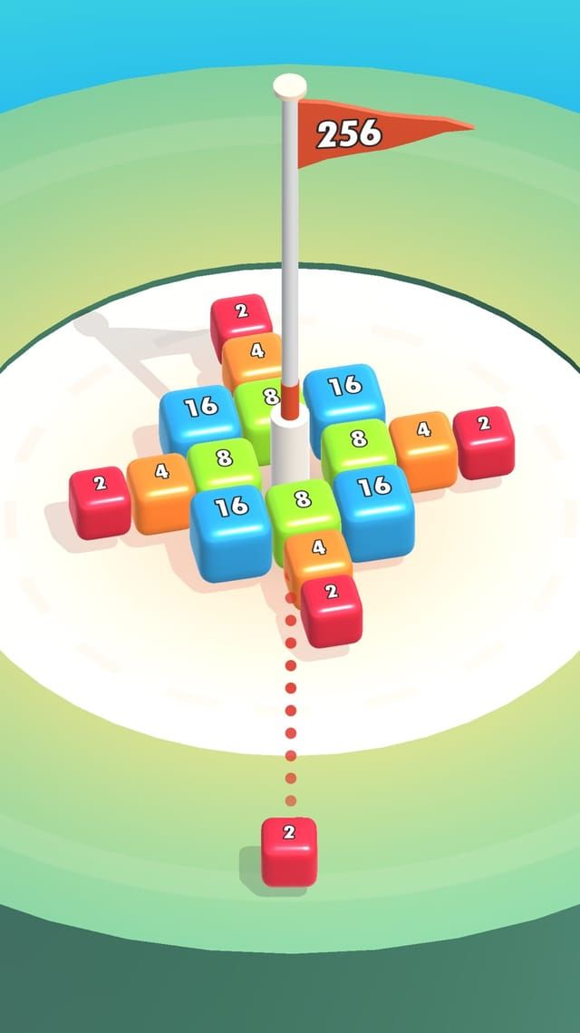 A mixed board of 2, 4, 8 and 16 blocks around a pole whose flag has come down to 256.