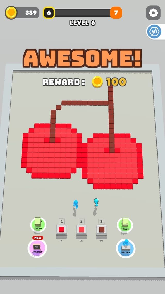 The reward screen for a finished picture of two cherries, with the coin payout and the helper and upgrade buttons below.