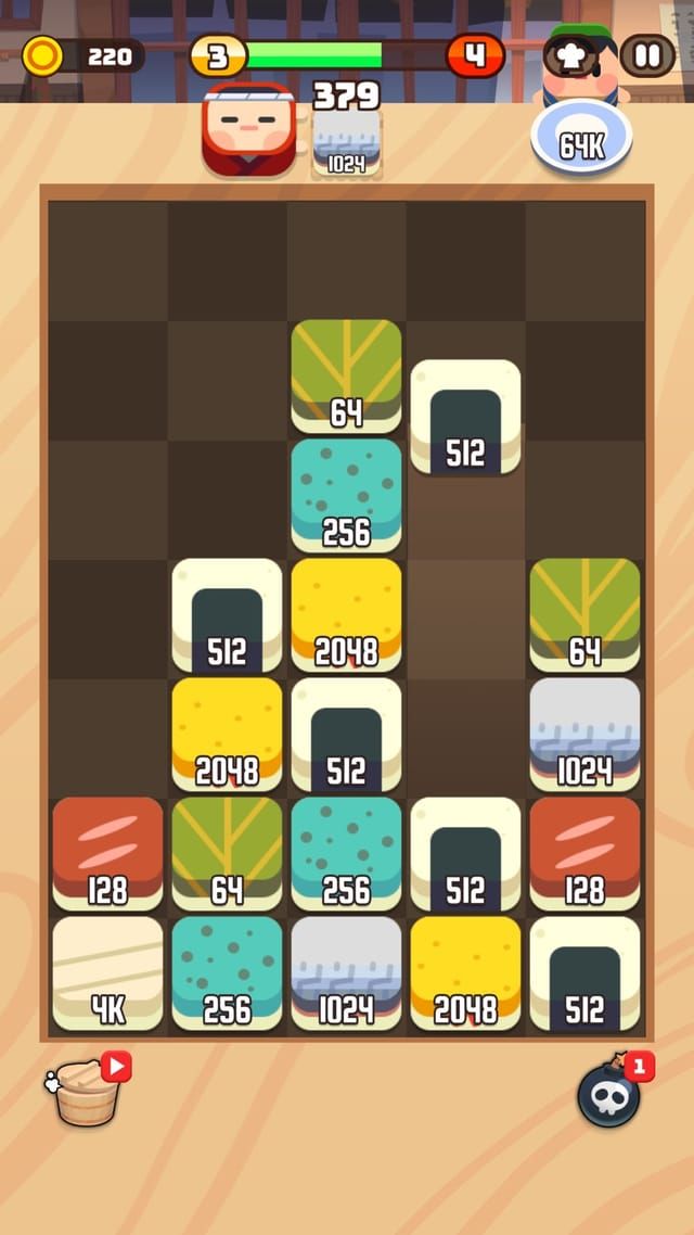 A board deep into a run, with 1024, 2048 and 4K tiles stacked among the smaller ones.
