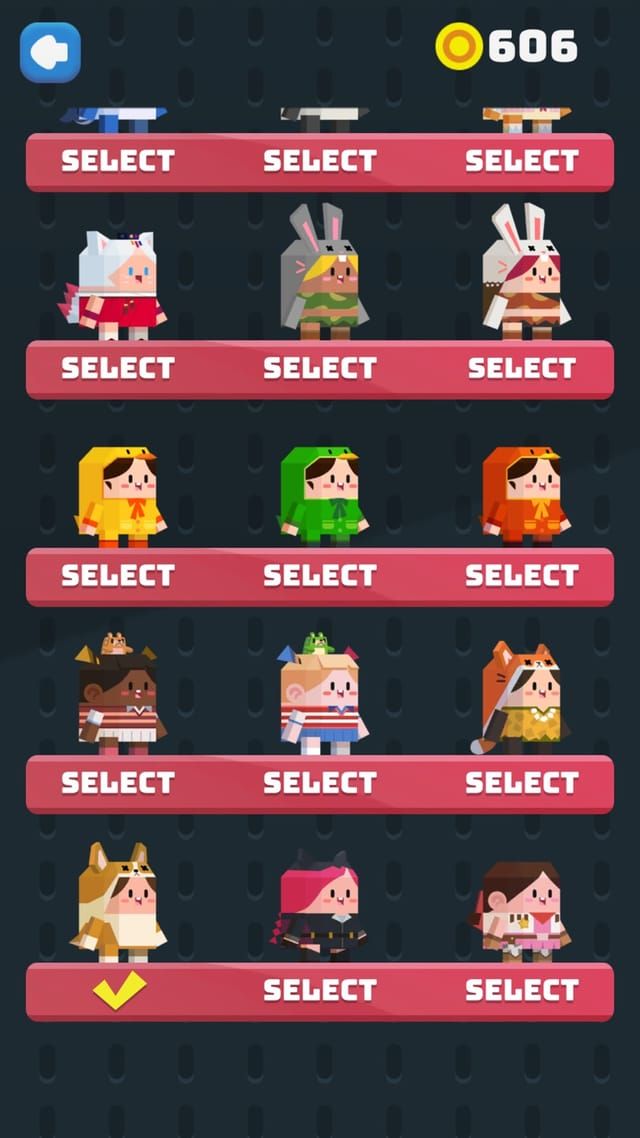 La pantalla de selección de personajes, una cuadrícula de corredores con disfraces de animales y el saldo de monedas arriba.
