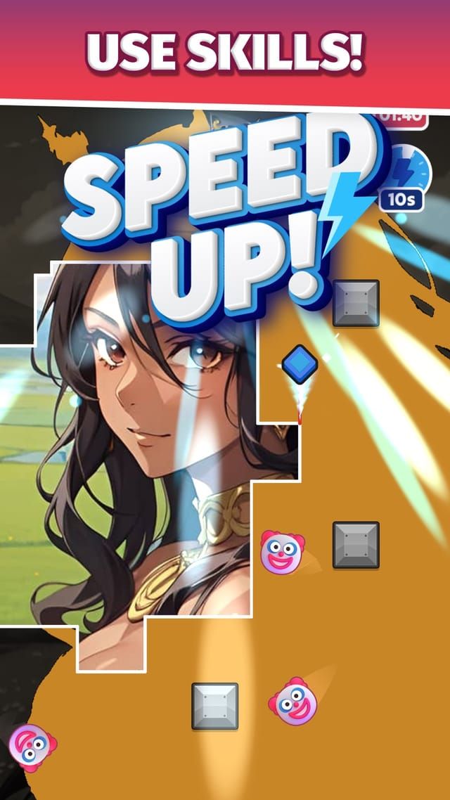 A Speed Up skill fires with a ten-second timer, the character sprinting along the edge of the claimed area.