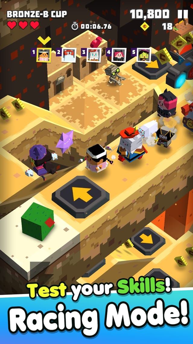 Racing mode in a desert canyon, five player portraits in the corner and a running timer as the characters race along the track.