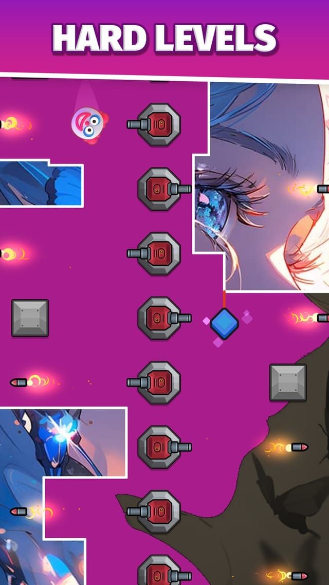 A hard level with cannons packed across the magenta cover, leaving only narrow safe lanes to cut through.