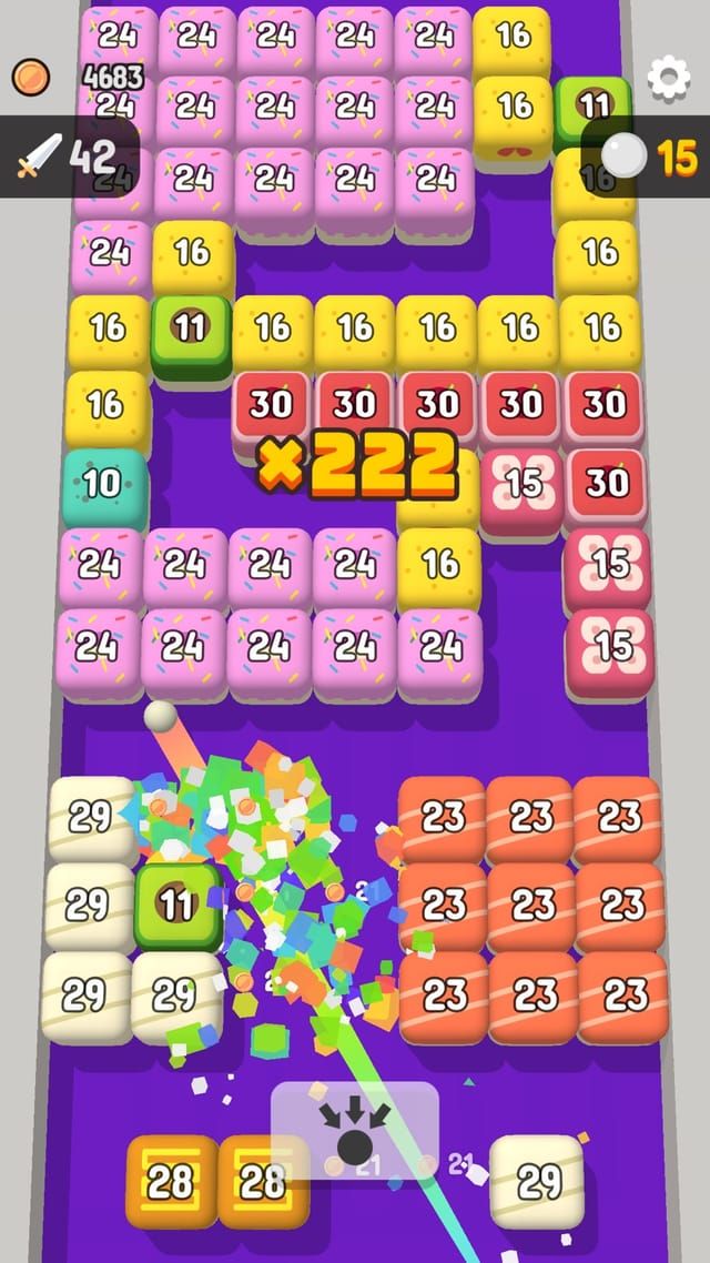 A purple board packed almost solid with high-numbered blocks, the combo counter reading over two hundred and twenty.