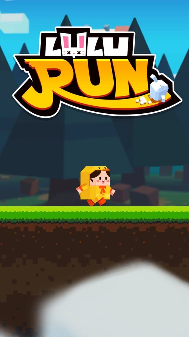 La pantalla de título con el logotipo de Lulu Run y el personaje con disfraz de pollito sobre un saliente de hierba.