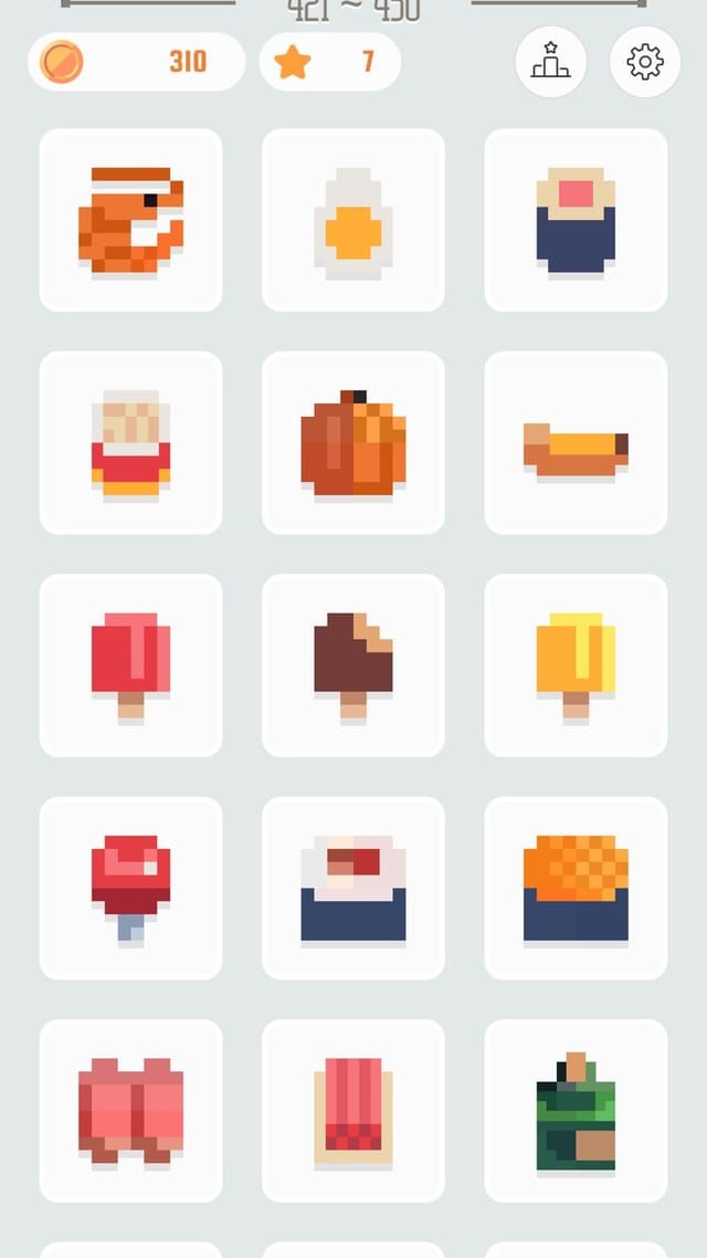 食べ物テーマのパズル一覧。エビ・かぼちゃ・アイス・寿司などのサムネイルが並び、上部に星とコインの数が出ている。