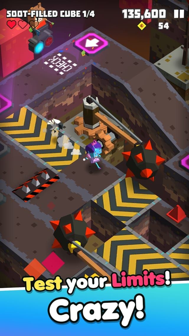 A dark mine stage marked with hazard stripes and spike traps, the character threading between them underground.