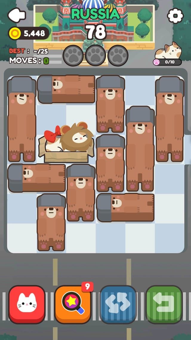 A Russia stage packed with bear-shaped blocks, leaving the cat in its box only a narrow way out.