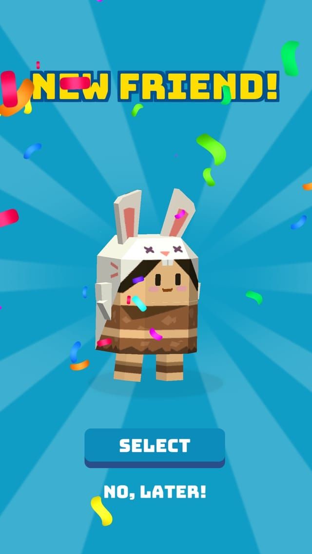 A NEW FRIEND! screen reveals a rabbit-hooded character under falling confetti, with buttons to take it now or later.