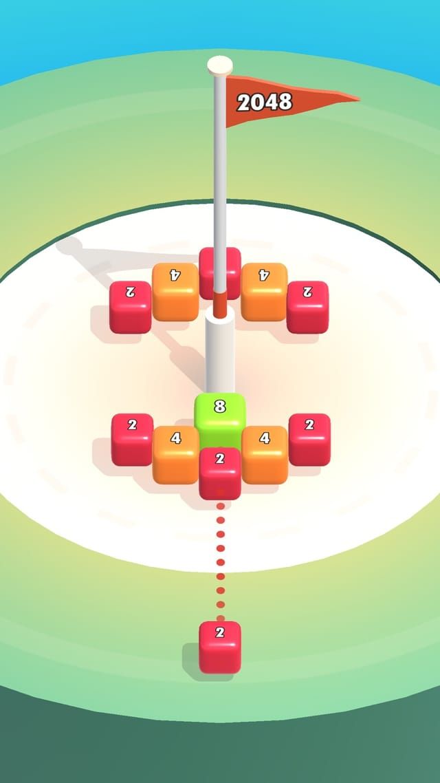 A thinning board with only small blocks left around the pole, one 8 block sitting at the centre.