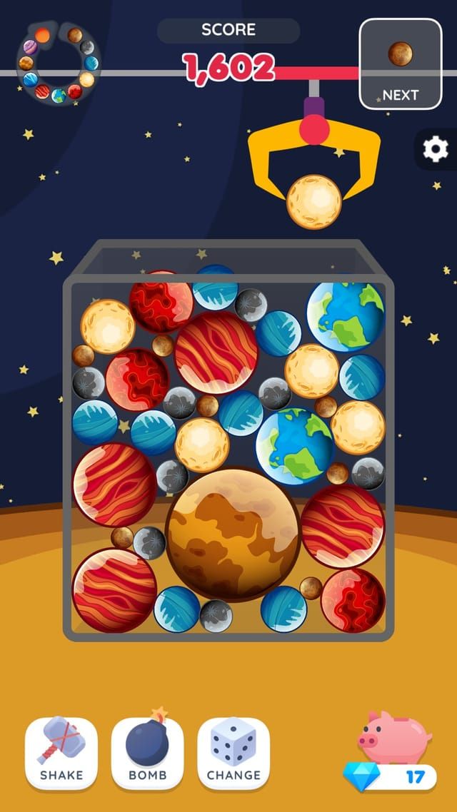 The planet theme against a starfield, small moons and rocky planets merging up toward the large one at the bottom.